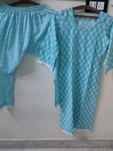 Sky Blue Printed Kurti Pant Set