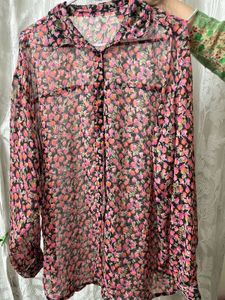 Sheer Floral Print Oversized Shirt