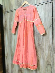 Coral Colour Cotton Long Designer Kurti Size-34