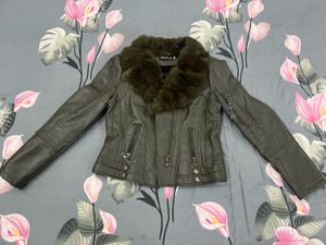 olive Fur Collar Leather Jacket