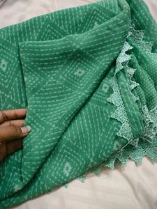Beautiful Batik Chikankari Print Saree Pista Color