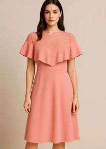 Coral Pink A-Line Dress with Lace Detail