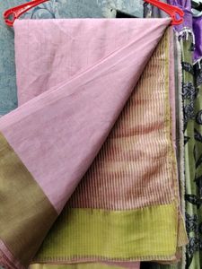 Pink Cotton Saree with Gold Border
