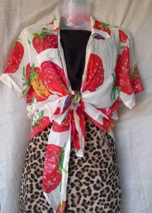 Strawberry Print Tie-Front Top