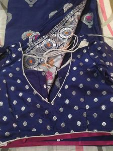 Blue Kathpadar Saree With Stitched Blouse