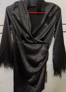 Black Feather satin Trim Mini Dress