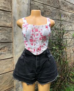 Corset Illusion Fitted Bustier Pink White Rose Top
