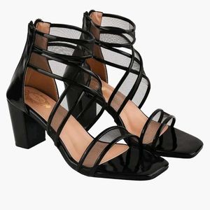Black Patent Mesh Heel Sandals