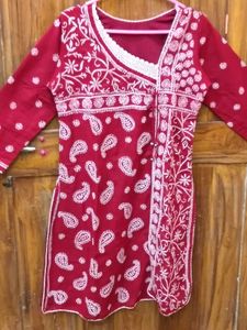 Gently Used Red &amp; White Lucknow Embroidered Kurti
