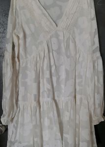 White Organza Flaired Long Top With Full Sleeve