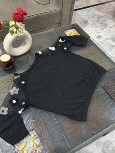 Elegant Black Top With Floral Embroidery Wit Net