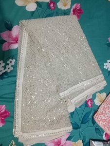 Elegant Party Wear Sequins Cream Saree