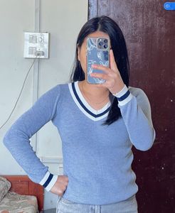 Blue V-Neck Long Sleeve Top