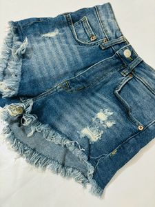High-waist Ripped Denim Shorts