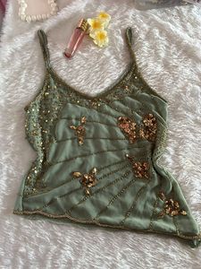 sage green y2k butterfly sequin top