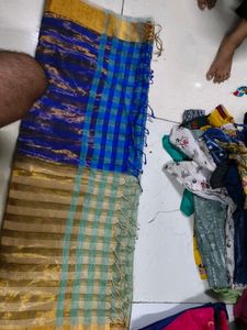 Blue &amp; Gold Checked Saree