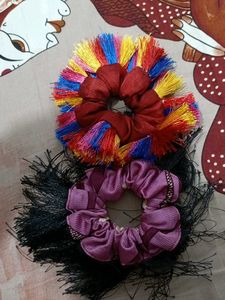 Purple And Creamy, Red Fringe Hair Scrunchies