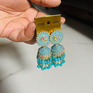 Traditional Blue Beaded Jhumka Earrings