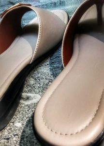 Beige Slide Sandals with Gold Buckle