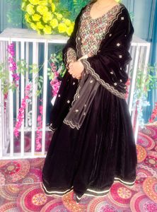 Elegant Black Velvet Embroidered Dress