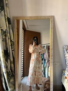 Peach-Cream Square Neck Midi Dress