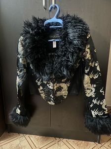 Dragon Embroidered Fur Trim Jacket