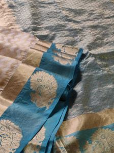Cream And Blue Pure Silk Saree
