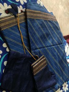 Blue Saree With Golden Line...