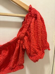 Red Eyelet Puff Sleeve Crop Top And Denim Dress