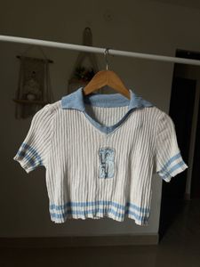 White &amp; Blue Knitted  Polo Crop Top