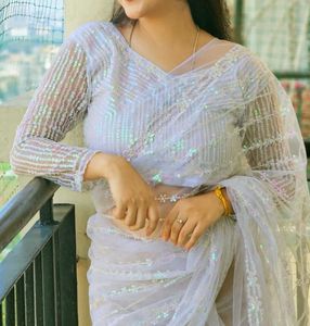 White Net Sequins Saree With Unstitched Blouse