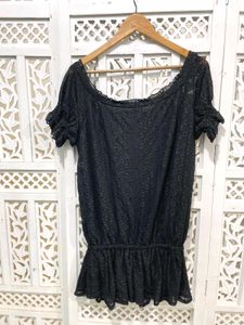 Boho Black Lace Peasant Top  C