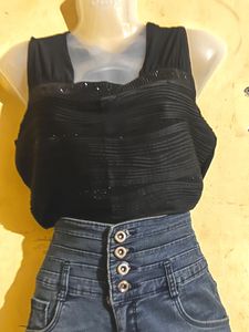Black Top &amp; Denim Shorts Set