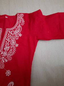 Red Cotton Chikankari Top Kurti Embroidery