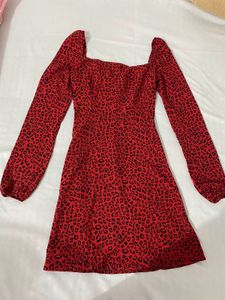 Red Leopard Print Long Sleeve Dress
