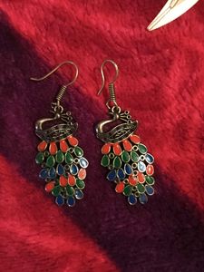 Leaf Drop, Peacock, Silver Earrings