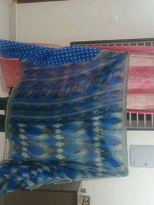 Blue &amp; White Printed Saree