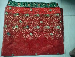 Embroidered Orange & Green Saree Fabric