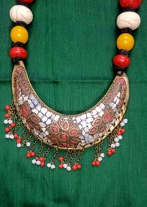 White, Yellow And Red Bohemian Necklace. 20 inches