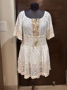 Women’s Cream Gold Embroidered Lace Trim  Dress