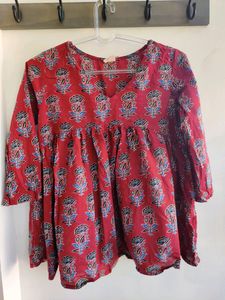 Janasya Maroon Floral flared Top(SIZE S)