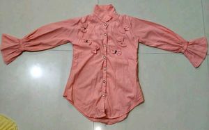 Peach Bow Button-Down Top