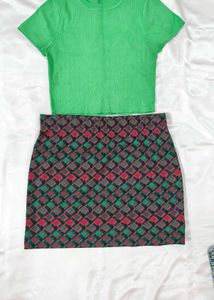 Green Top and Patterned Mini Skirt