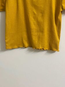 Title:Mustard Yellow Ribbed Lettuce Hem Crop Top