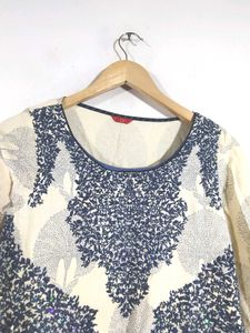 Cream And Navy Blue Embroidered Kurta (Women&#39;s)