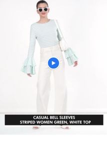 Casual Bell Sleeves Striped Women Green,White Top