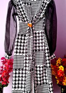 Houndstooth Dress with Sheer Sleeves