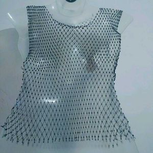 Diamante  mesh Top sleeveless  black net  tank