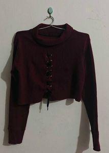 Turtle Neck Burgundy Lace-Up Crop Top Sweater