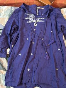 Blue Cotton Thread Work Short  Kurti